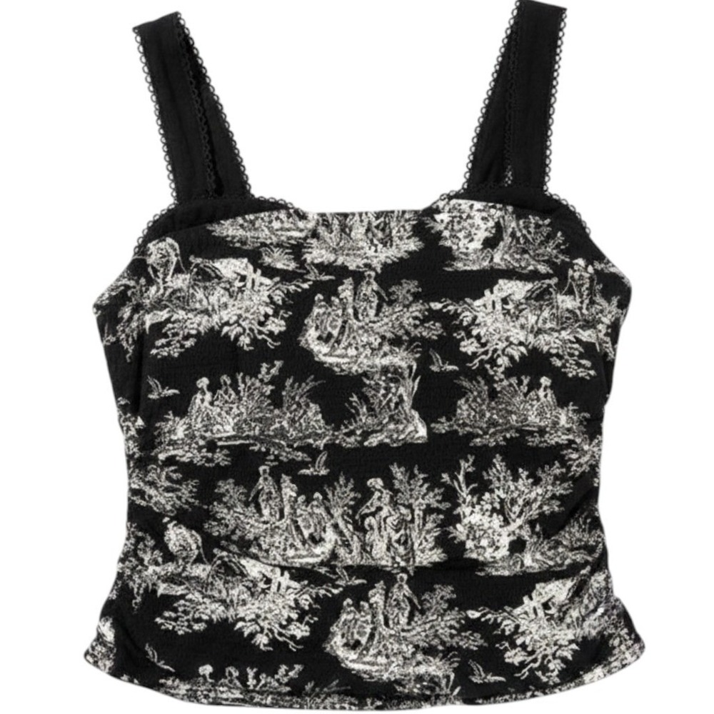 Thirty/Thirty Toile Tank Top Women L Black Ruched Lace Trim Square Neck romantic